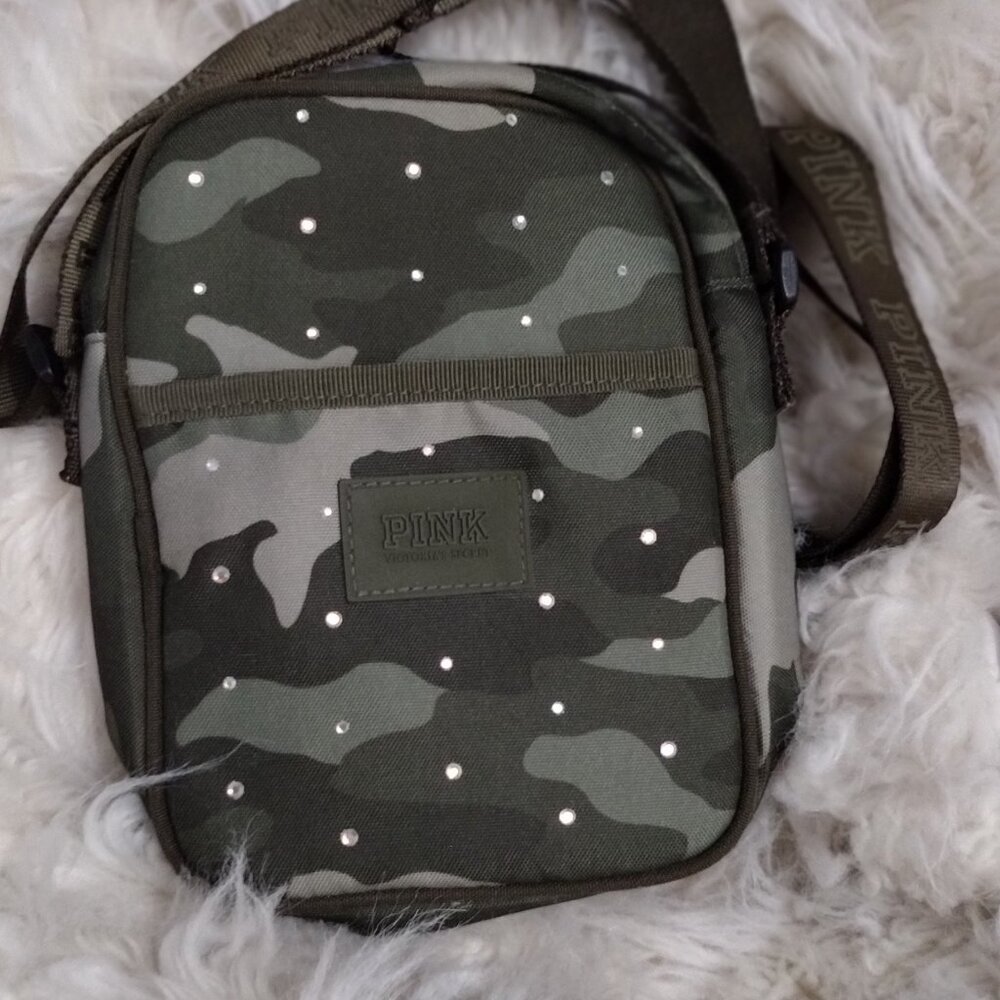 PINK Victoria’s Secret Camo Rhinestone Crossbody Bag Green Studded Mini Purse - Picture 8 of 10
